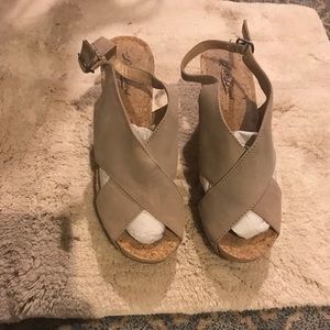 Taupe suede cork wedge sandals. Gently worn